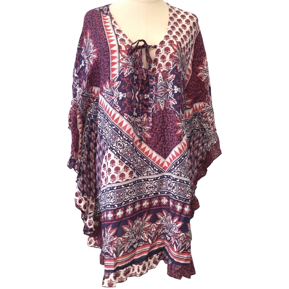 Womens Swim Cover-up Tunic Kaftan Pullover V-Neck Boho Purple Red - OS